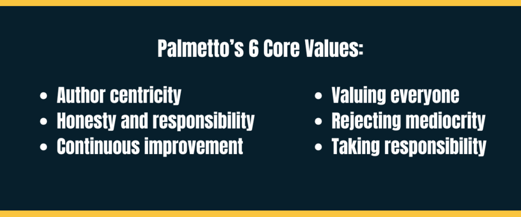 Palmettos 6 Core Values Bullet point list of Palmetto’s 6 Core Values on darker background