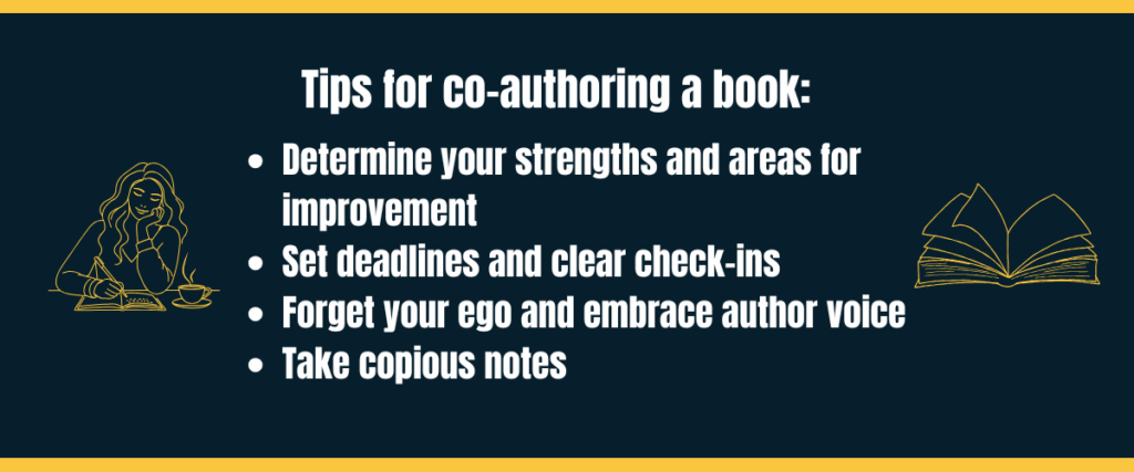 tips for co authoring a book bullet point list of tips for co-authoring a book on darker background