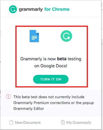 screenshot of grammarly for chrome beta test