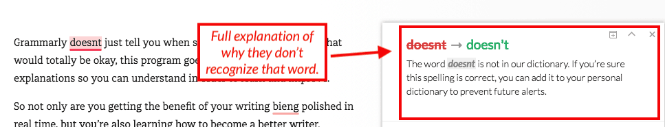 Screenshot Showing Grammarly Explaining Its Writing Advice