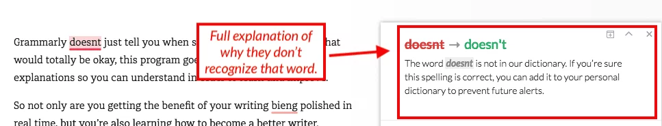 screenshot showing grammarly explaining its writing advice