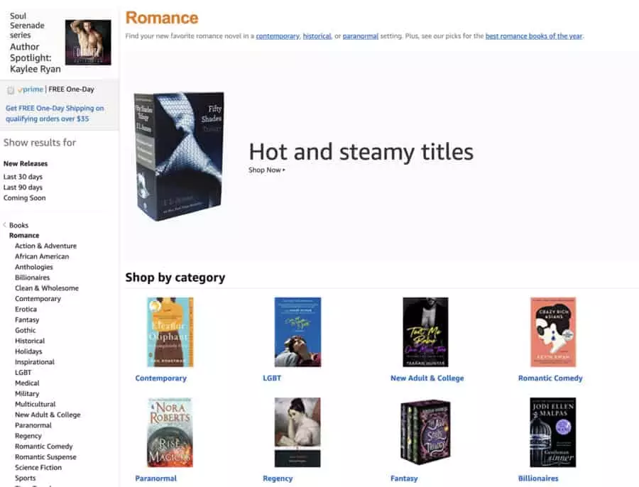 screenshot showing book categories and titles