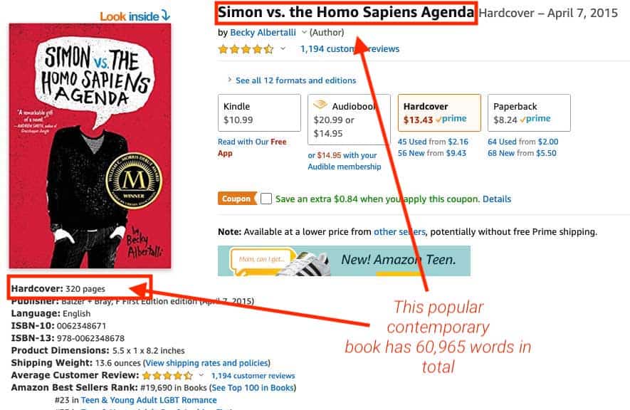 How Many Words In A Book Contemporary? Screenshot Of &Quot;Simon Vs. The Homo Sapiens Agenda&Quot; On Amazon.