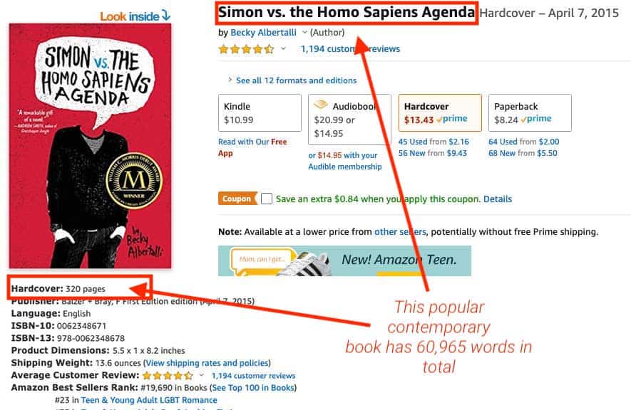 How many words in a book contemporary? Screenshot of "Simon vs. the Homo Sapiens Agenda" on Amazon.