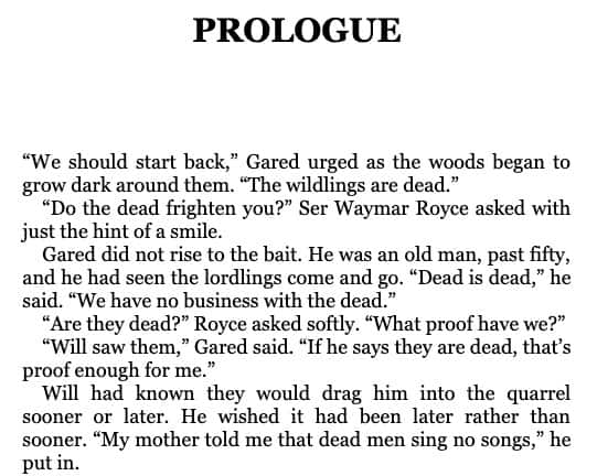 Prologue Book Part Example From Game Of Thrones By George R.r Martin
