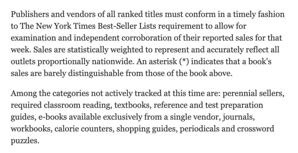 an image of text explaining the NYT best-seller list rules