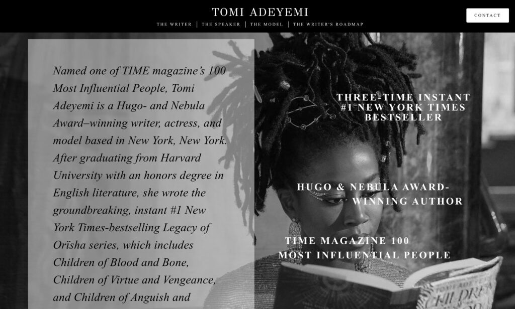 tomi adeyemi landing page Tomi Adeyemi landing page - black and white page with about copy on lighter background