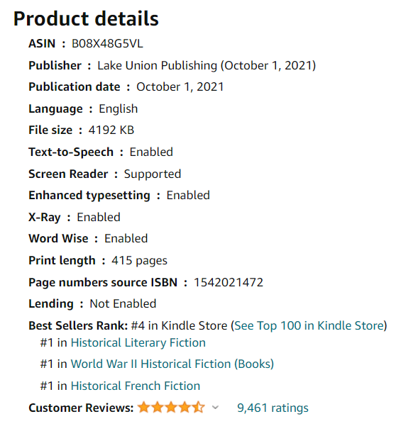 screenshot showing product details for a book including categories