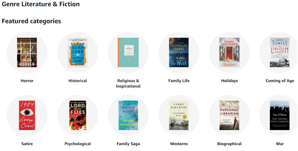 example of genre literature & fiction featured categories on amazon screenshot