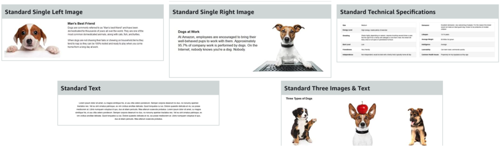 Screenshot Showing Different Types Of A+ Content That Can Be Created On Amazon - Standard Single Left Image, Standard Single Right Image, Standard Technical Specifications, Standard Text, Standard Three Images And Text