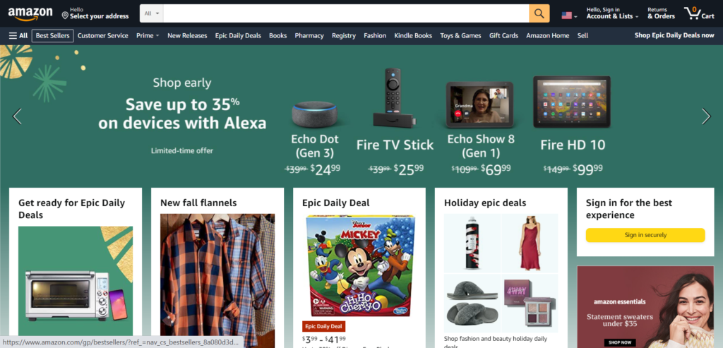 screenshot showing best sellers header on Amazon