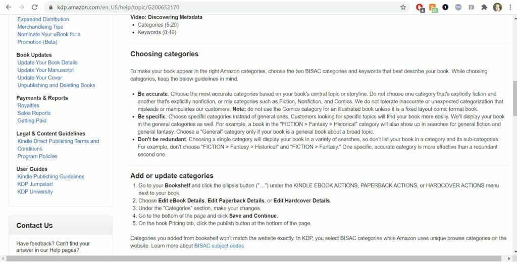 amazon's guide to choosing book categories screenshot