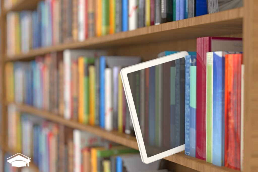 Ebook Cover Design: Ebook Tablet Peeking Out Of A Bookshelf. 