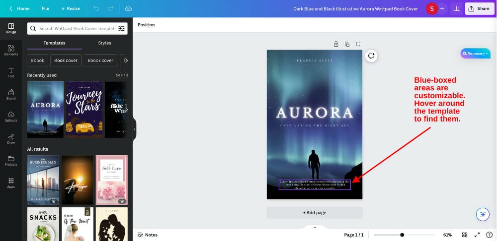 Screenshot Of Text Blocks In Ebook Cover Design In Canva