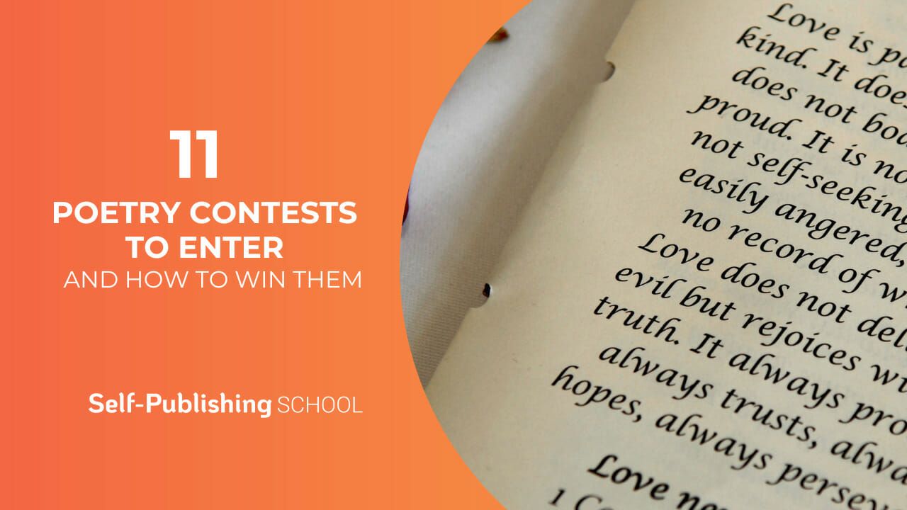Poetry Contests To Enter, A Poetru Book And An Orange Banner With White Letters