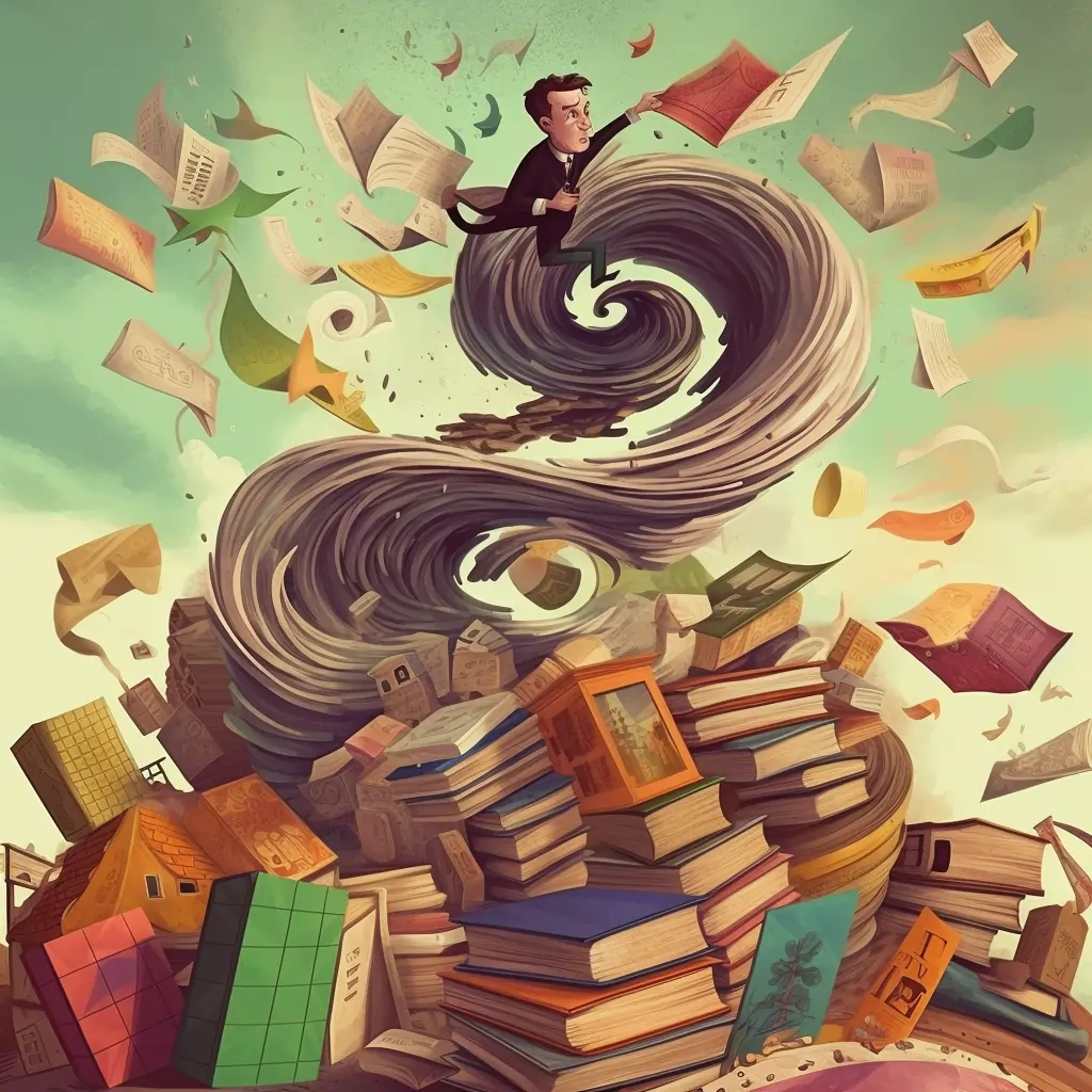 The Fiction Writing Mistake Of Info Dumping Shown By An Illustrated Author In A Tornado Of Books 
