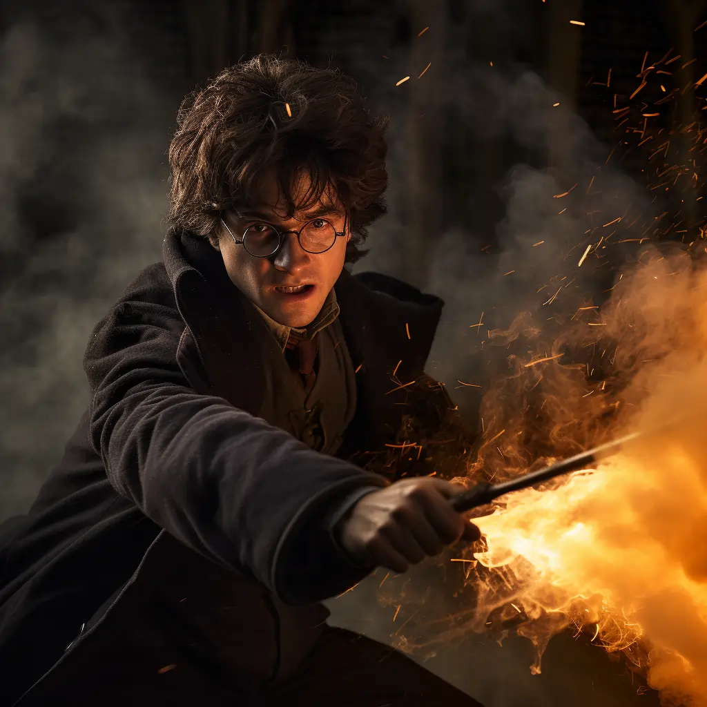 Harry Potter Waving A Wand As Part Of A Protagonist Vs Antagonist Showdown With Voldemort