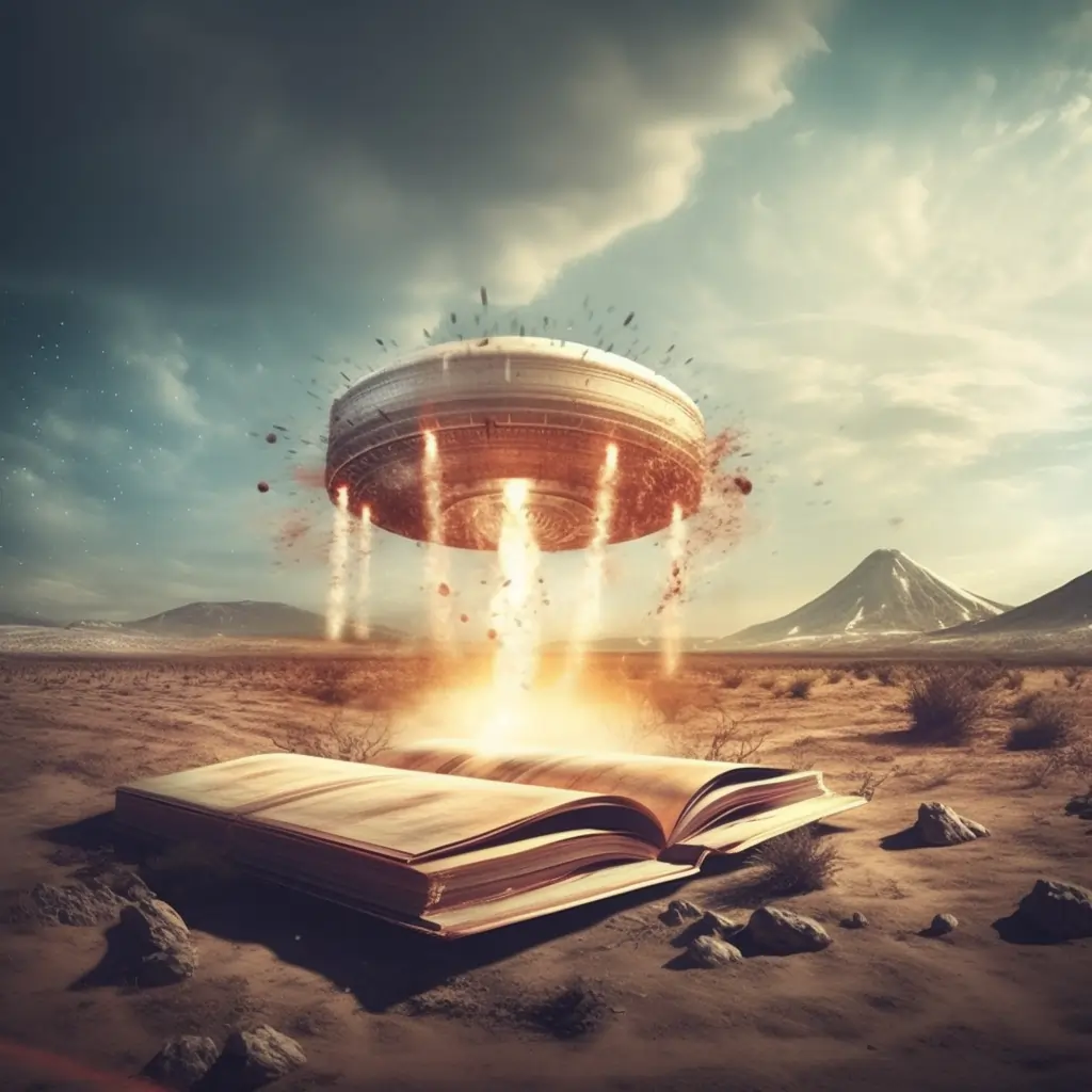 A Ufo From Science Fiction Writing Over A Large Book