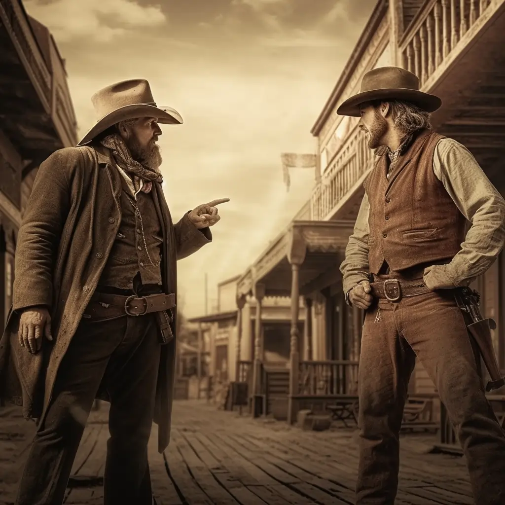 Two Cowboys Sharing Dialogue In A Western Fiction Old West Town Setting