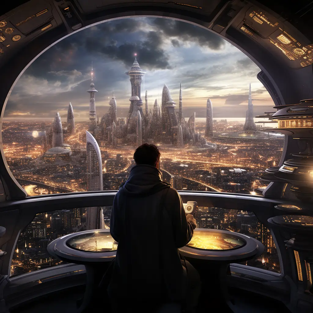 a pilot at the control panel of a futuristic vehicle overlooks a sci-fi city as part of technology wordbuilding