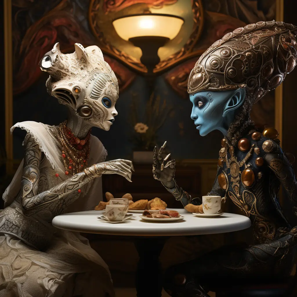 Two Aliens Created During The Worldbuilding Process Sit At A Table Talking And Consuming Drinks