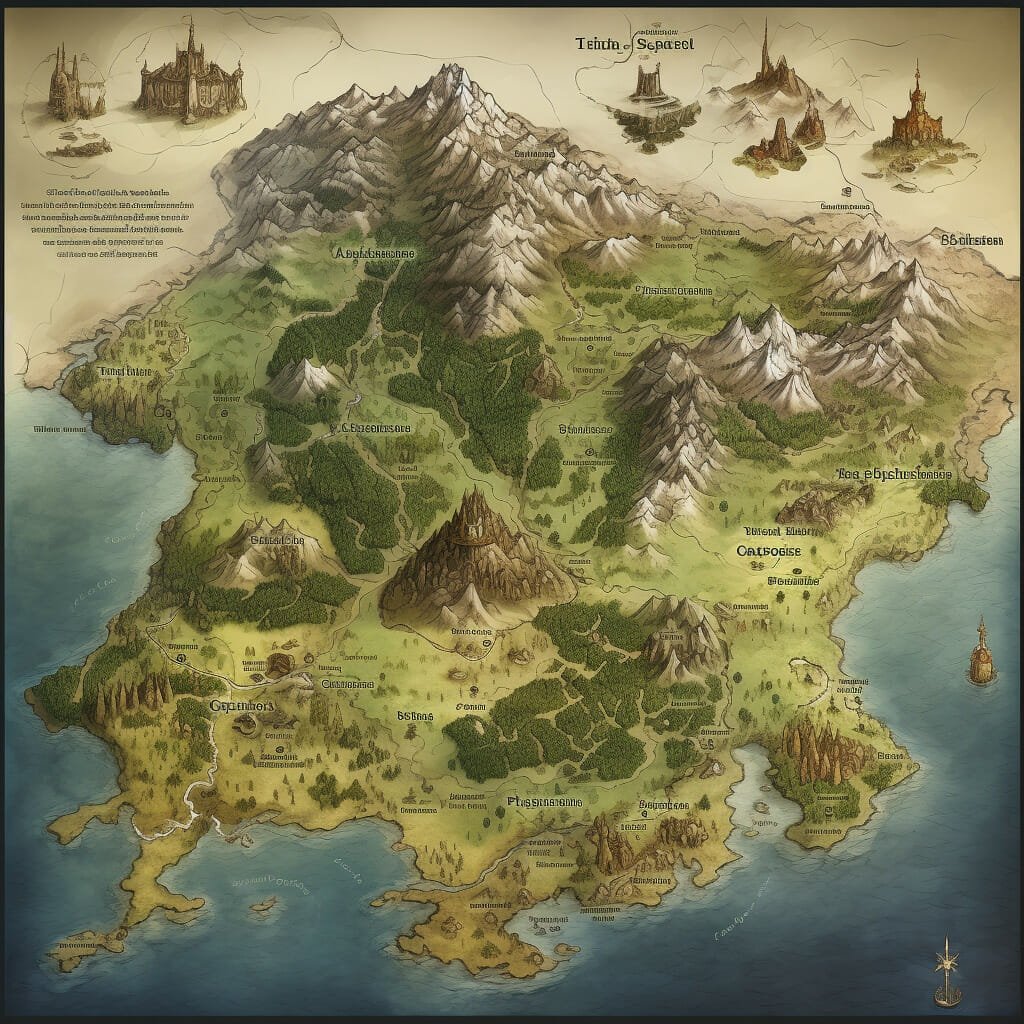 A Map Created As Part Of Fantasy Worldbuilding Showing Mountains And Green Areas Of Land