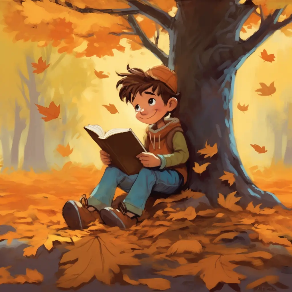 A Young Writer Sits Under A Tree Enjoying A Book As Fall Leaves Flutter Around Him