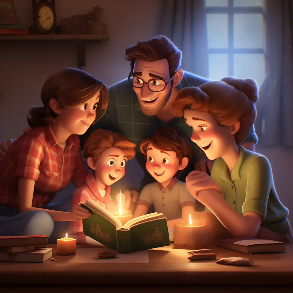A Family Gathers Around Candlelight To Read A Book Together