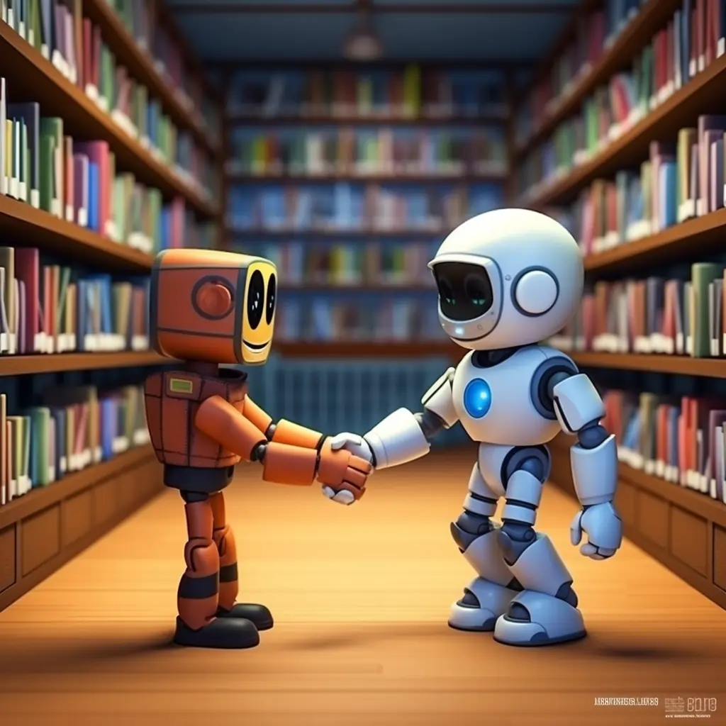 Two Cute Robots Show Each Other Respect Standing In A Library Filled With Books From Young Writers