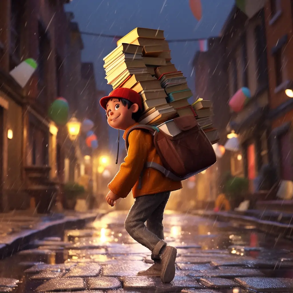 A Boy Carries A Stack Of Books Through The Rain To Go Home And Practice Writing