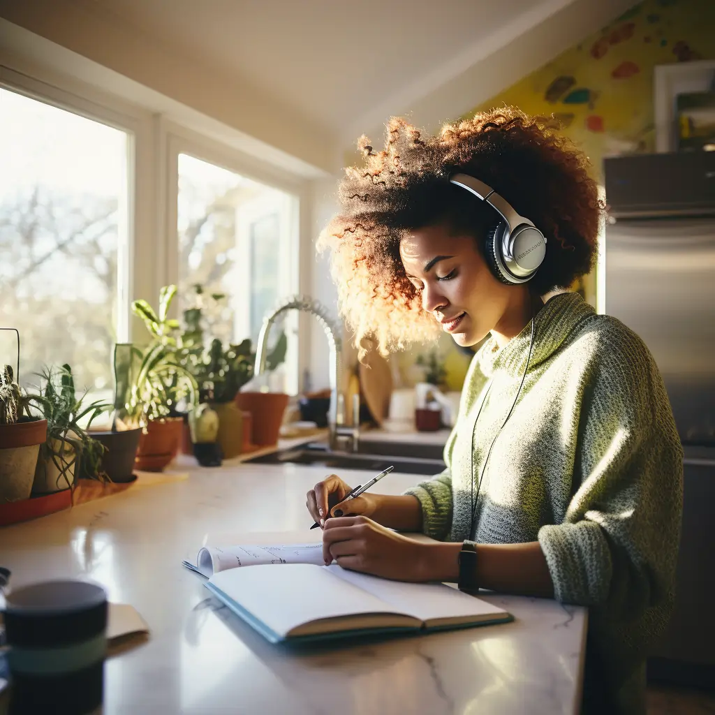 A Woman Writing In Her Kitchen Using Headphones To Block Out The Noise In Her Writing Space