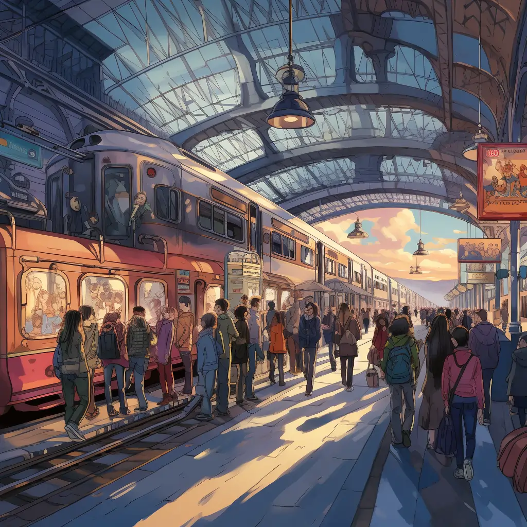 Illustration Of People Coming And Going From A Train Station To Represent How Busy Everyday Observations Leading To Poetry Ideas Can Occur