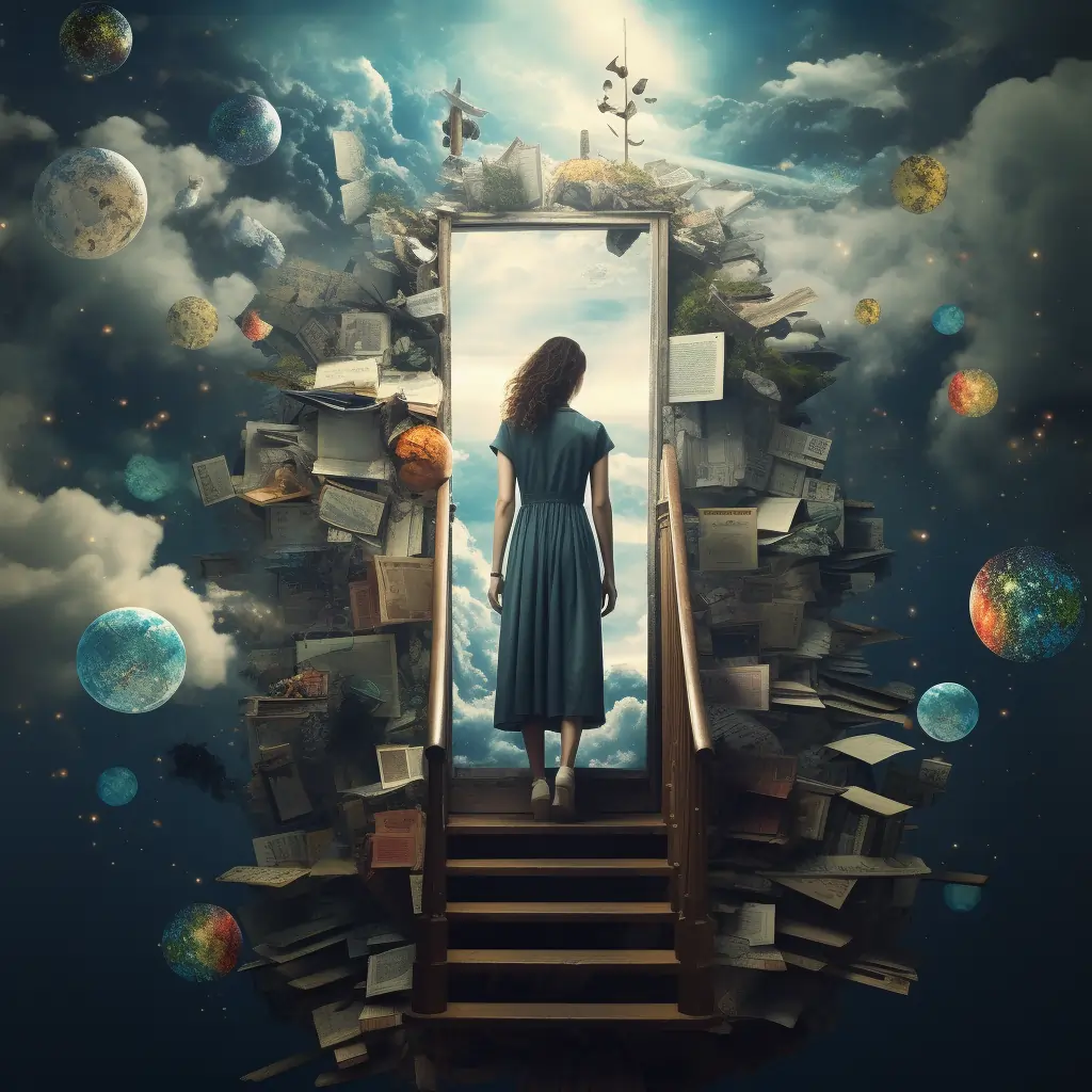 Illustration Of A Woman Stepping Through Books And Clutter Into A Clear Sky Representing Self-Acceptance - This Is An Image For Generating Poem Ideas About Self-Reflection And Growth