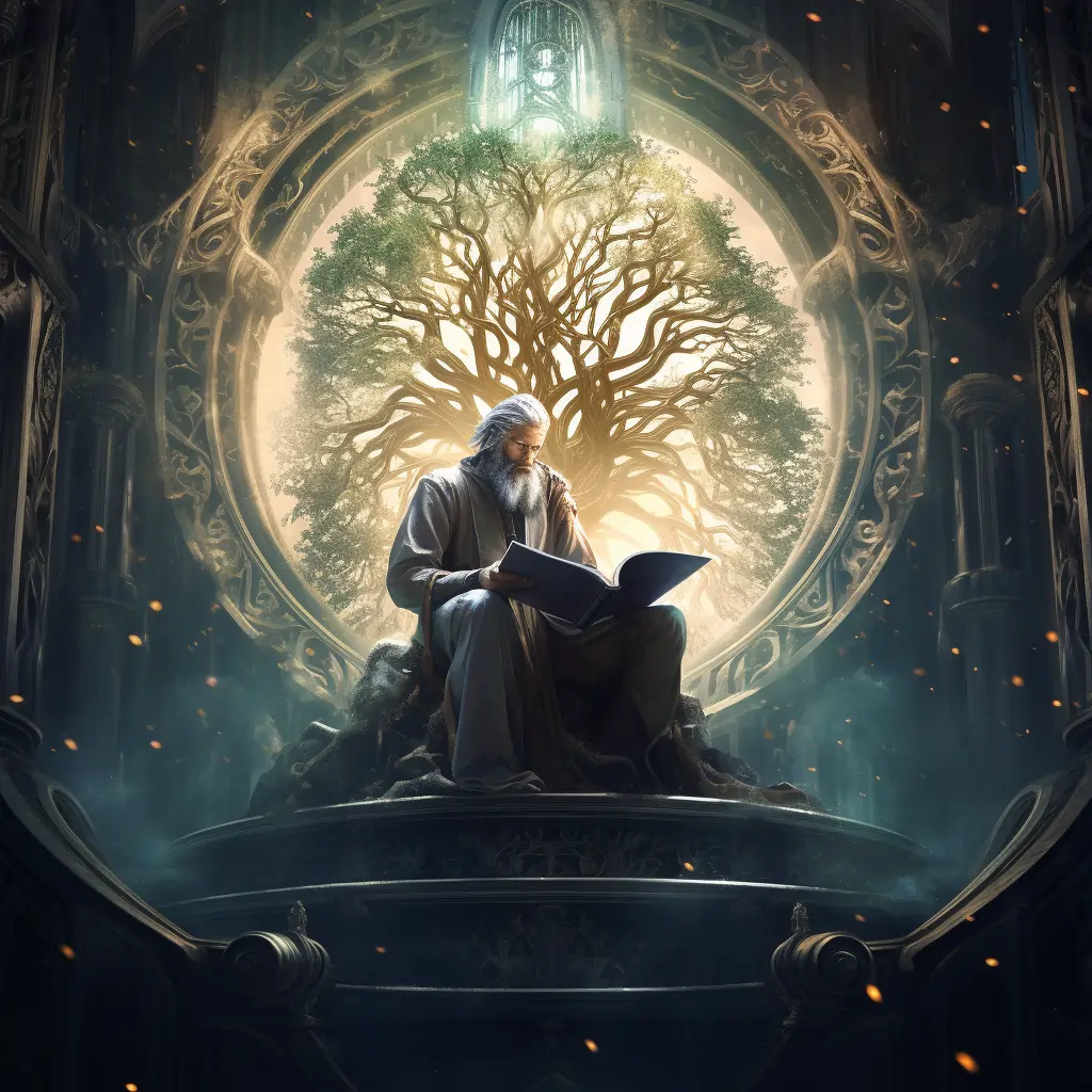 Illustration Of A Man Reading A Book Of Philosophy Poems Under A Tree Of Knowledge