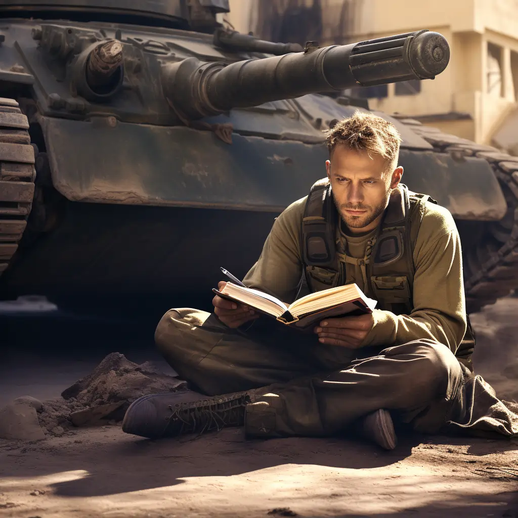 A Soldier Writing A War Memoir While Sitting Next To A Tank