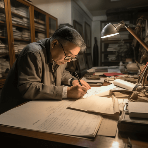 Chinese Man Editing A Manuscript At A Desk