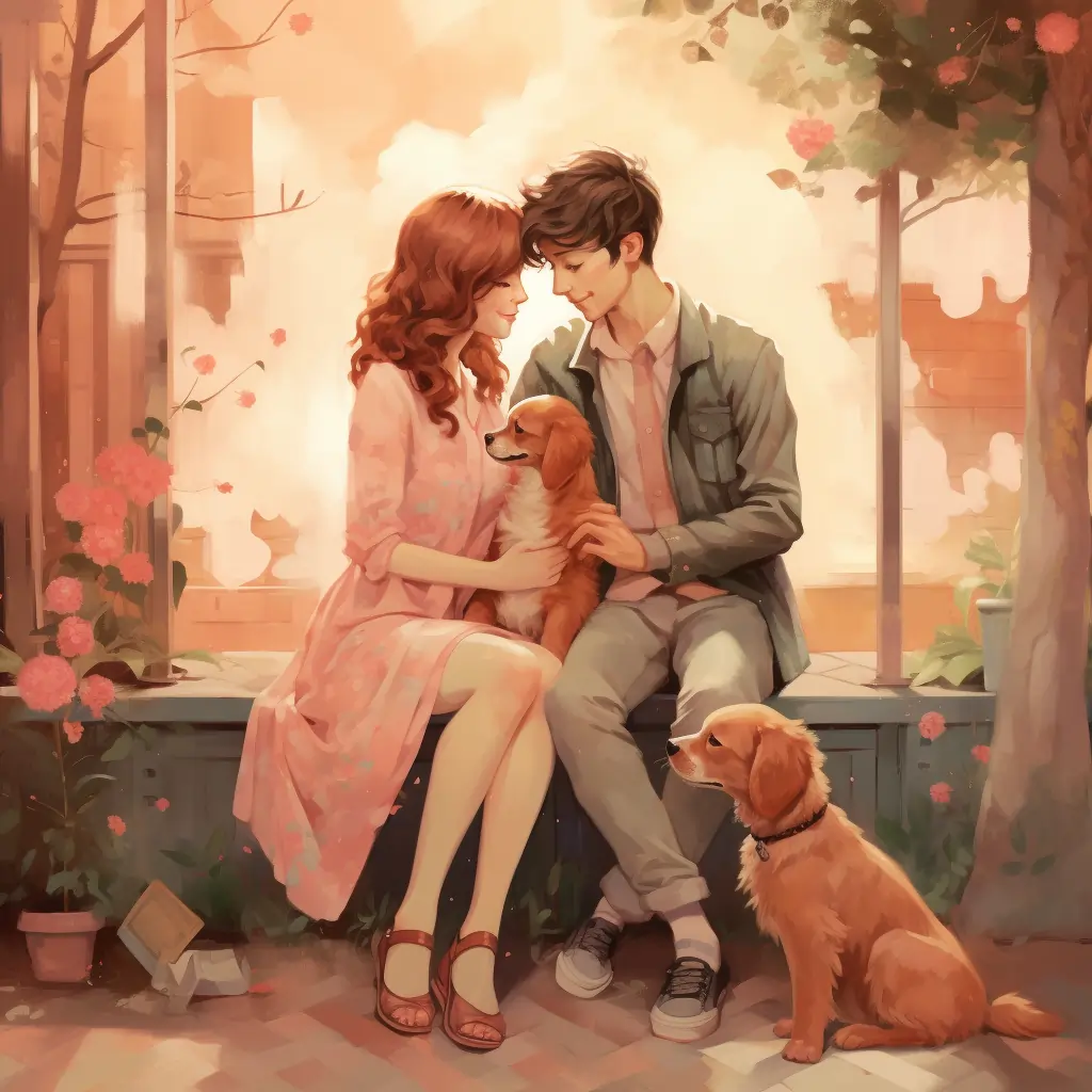 Image Of A Couple In A Romantic Relationship Sitting In A Romantic Way With Their Dogs Near Them