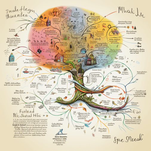 Mindmap For A Book, With Many Colors And Fake Language