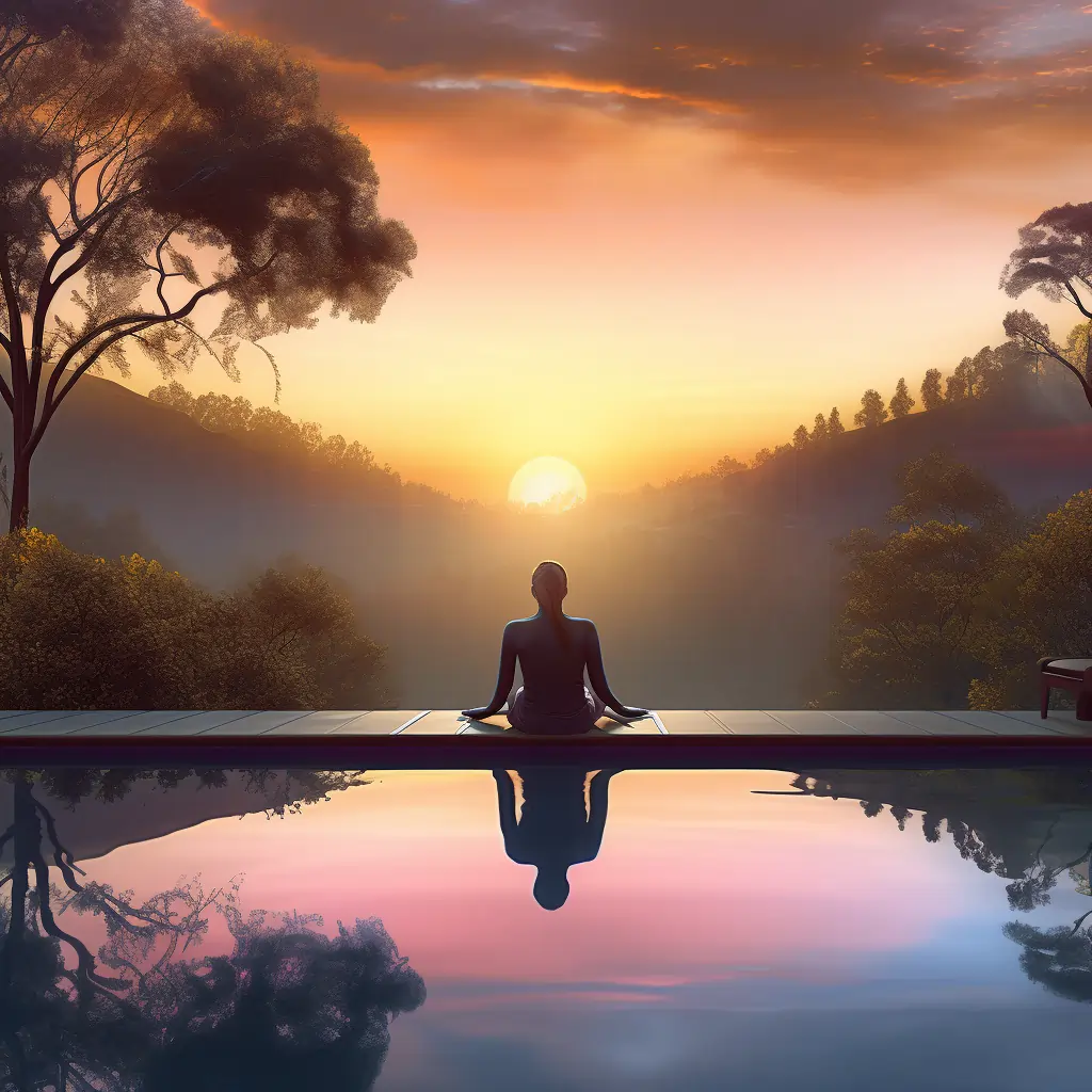 Someone Showing Their Religion And Spirituality By Meditating At Sunset Next To An Infinity Pool