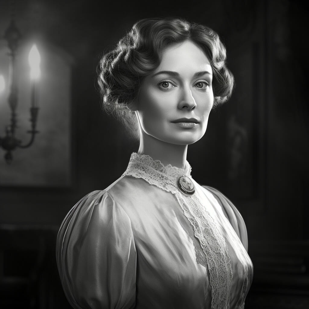 A Black And White Picture Of Mrs. Danvers From The Book Rebecca With A Stoic Expression