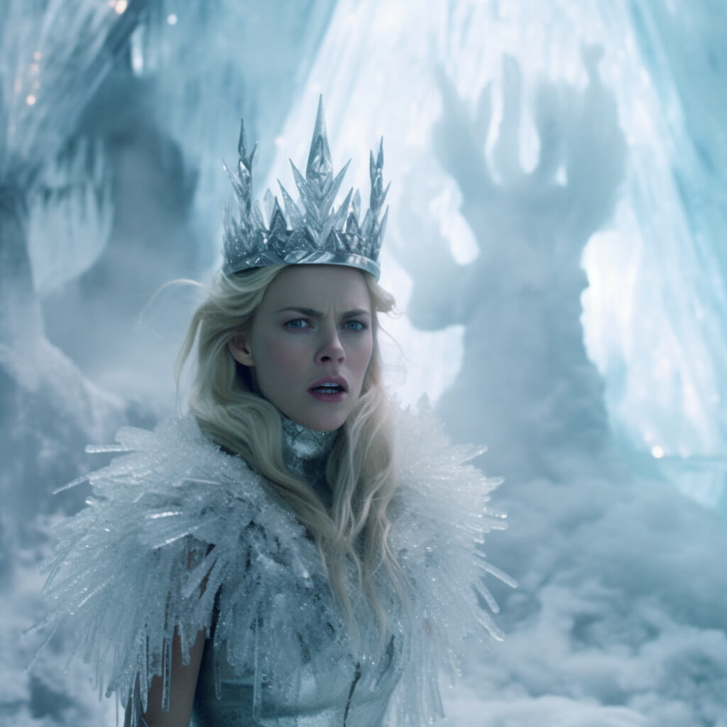 A Photo Of The White Witch In Narnia In Her Ice Castle Facing The Camera With An Angry Expression Wearing Her Crown