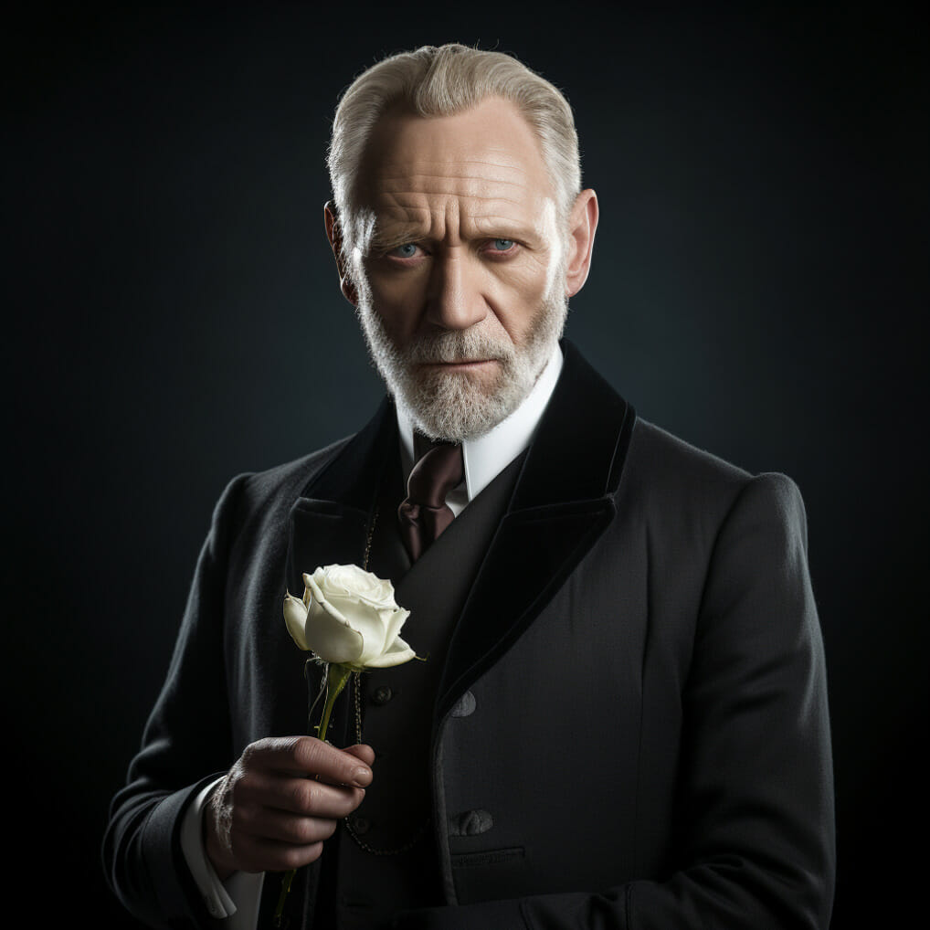 A Photograph Of President Coriolanus Snow Holding A White Rose With A Serious Expression With Shoulder Lenght White Hair