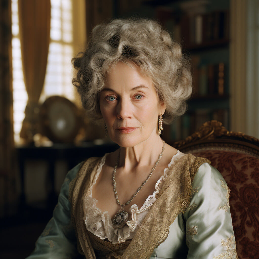 A Realistic Color Photograph Of Old Lady Catherine De Bourgh In Pride And Prejudice