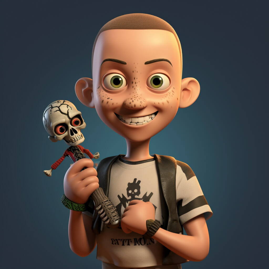 Buzz Cut Hair With Braces And Pimples Wearing A Black Tshirt With A Band Logo Sid Phillips From Toy Story Holding A Broken Toy In One Hand With A Wicked Smile