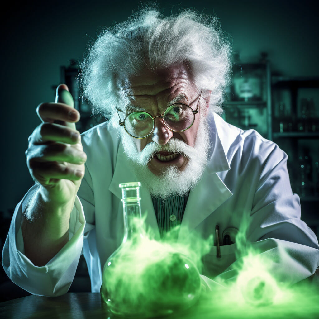 Photography Of A Mad Scientist On A White Lab Holding A Green Glowing Vial