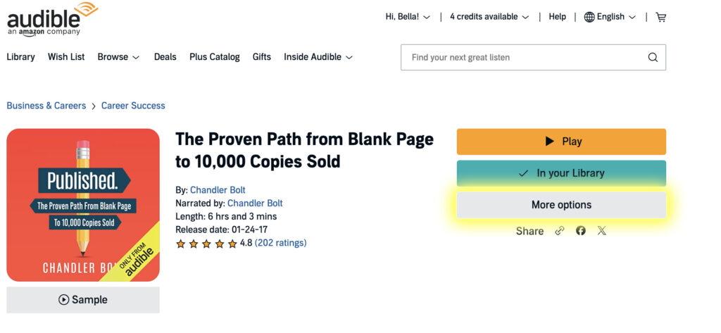 how to gift an audible book "more options" button example