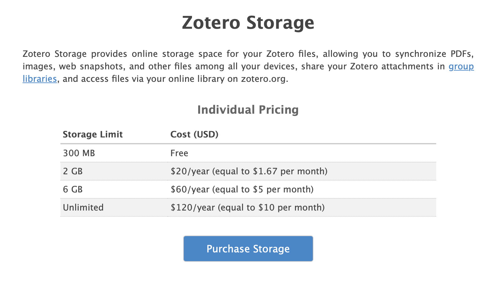 Zotero Storage Individual Pricing List