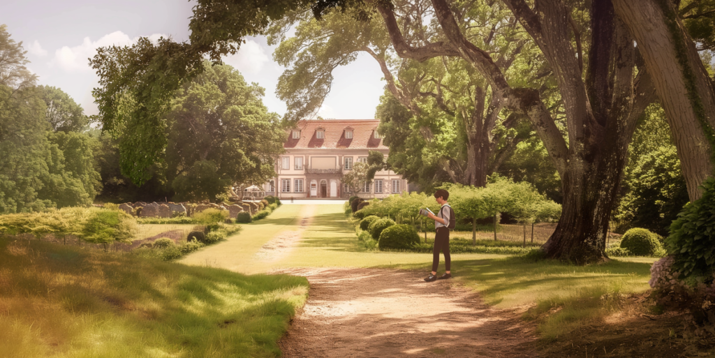 A Person Standing On A Dirt Path Leading Up To A Historic House. Trees Are Behind Them, And A Graveyard Is Further Down The Path.