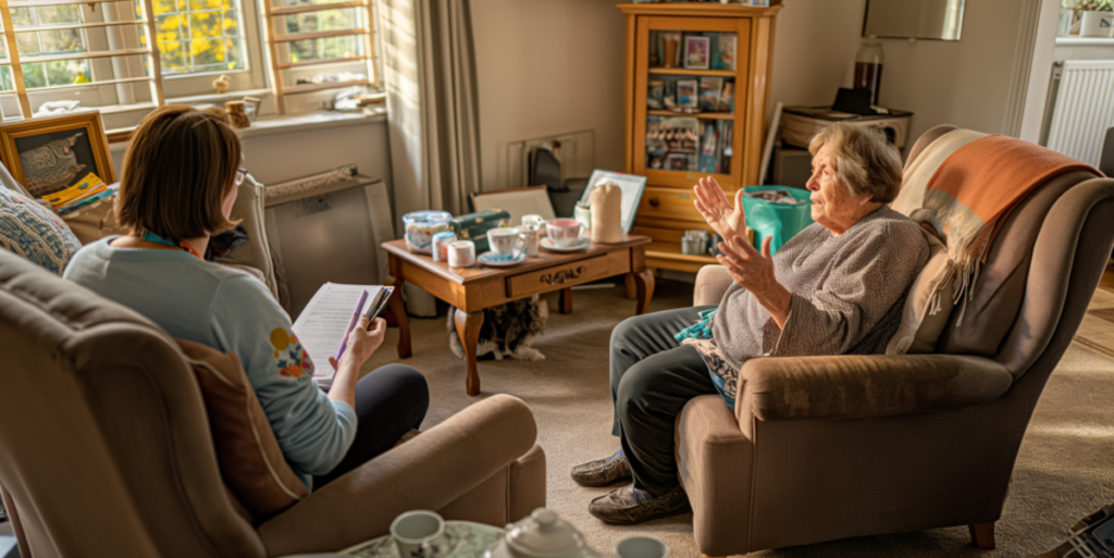 A Biography Writer Interviews An Elderly Woman In Her Living Room.