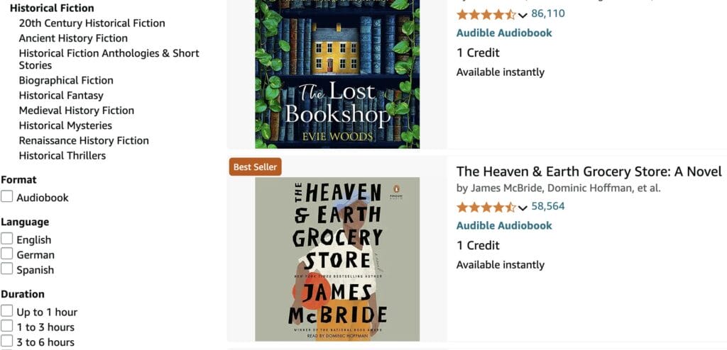 types of historical fiction example from Amazon categories